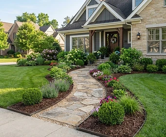 Pristine manicured residential front yard garden with stone walkway