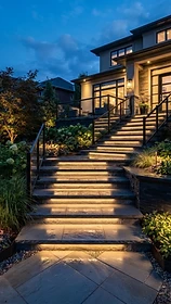 Illuminated paver steps at dusk