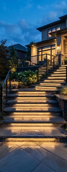 Illuminated paver steps with LED lighting at dusk