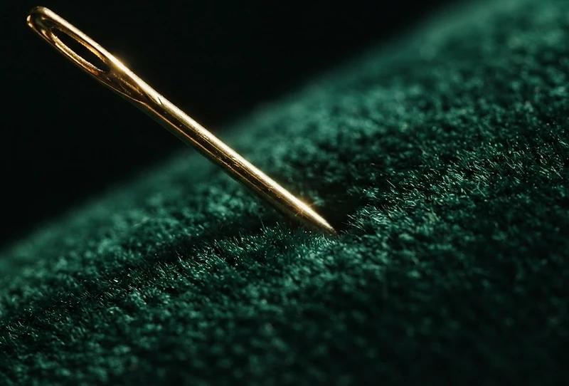 Gold needle piercing emerald velvet