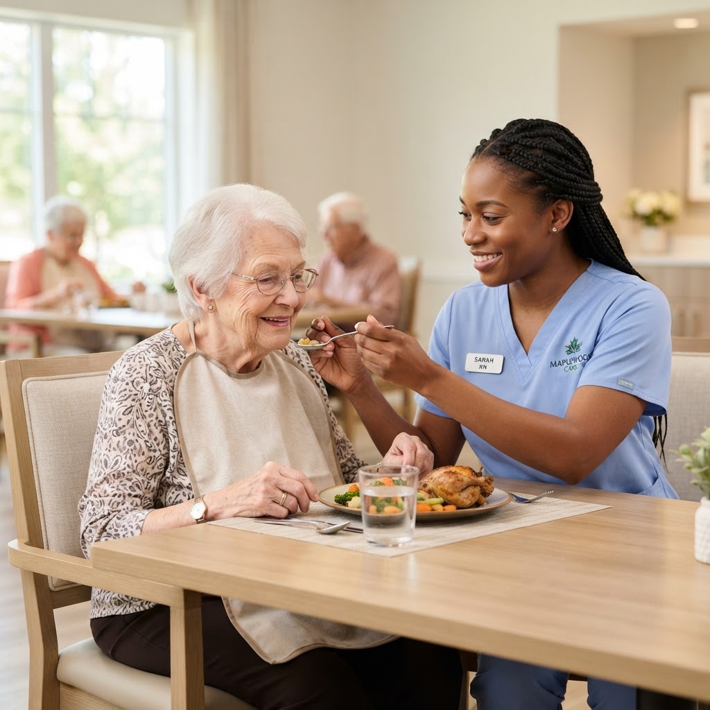 Caregiver assisting senior with meal and feeding