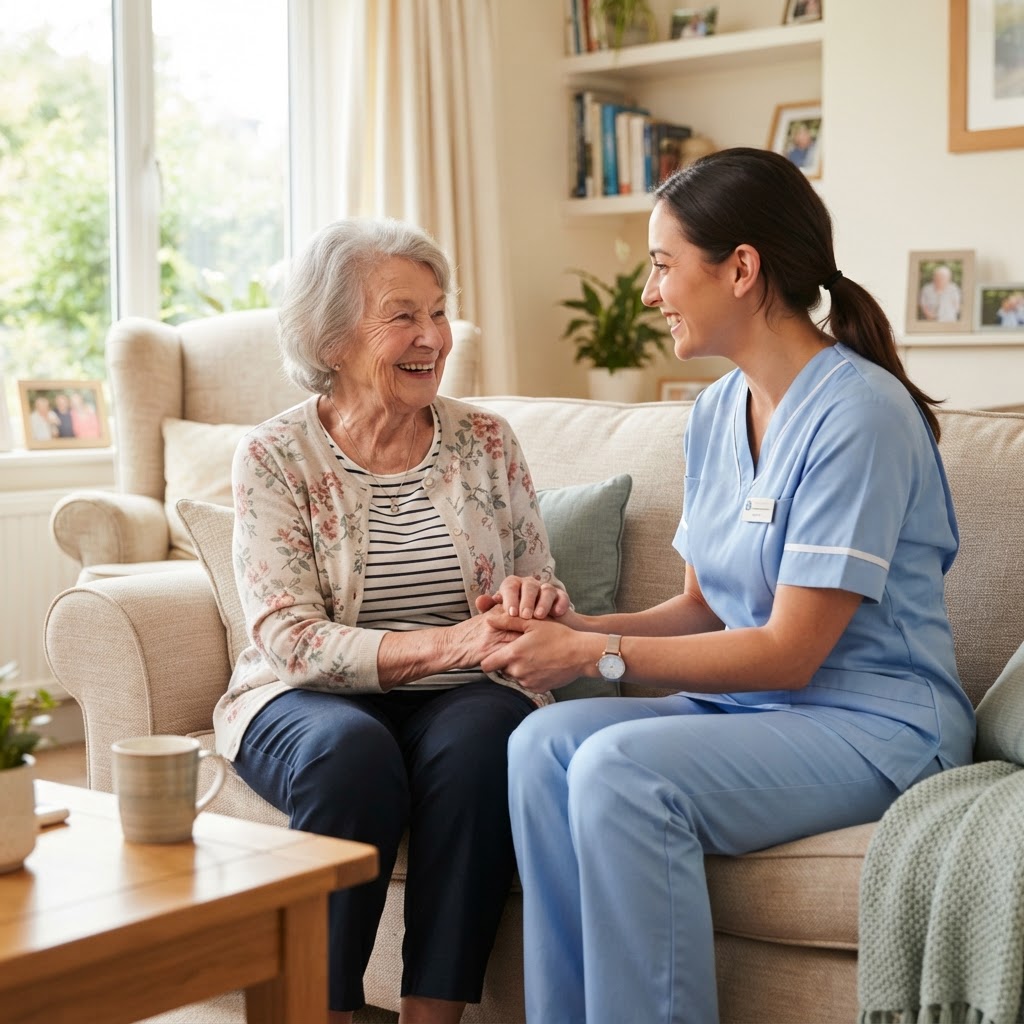 Caregiver and senior sharing a warm moment together