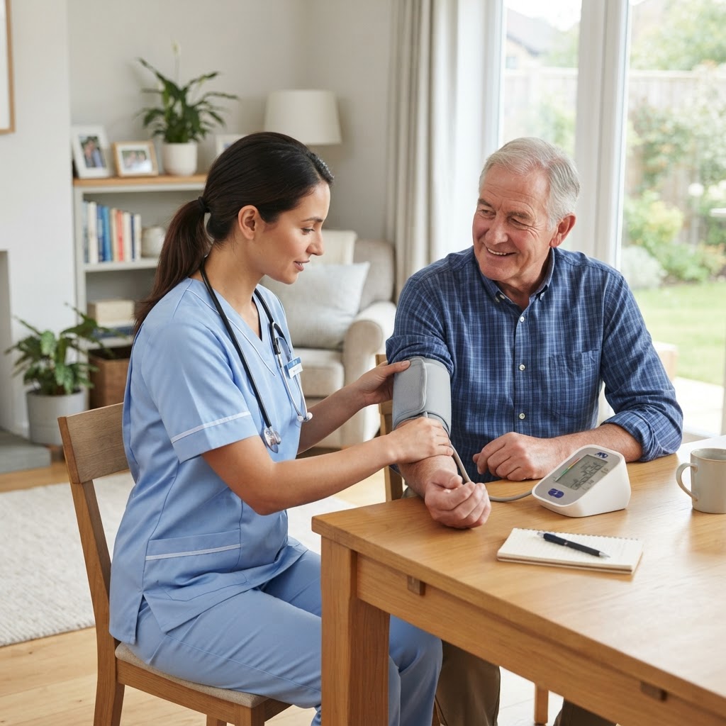Caregiver checking senior's blood pressure at home