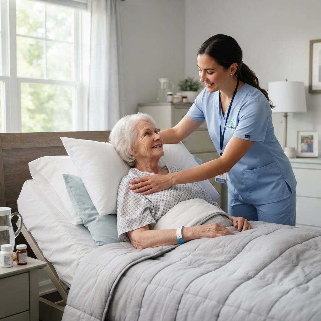 Caregiver adjusting senior's positioning in bed