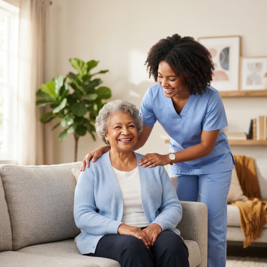 VERERON caregiver in blue scrubs with a senior client