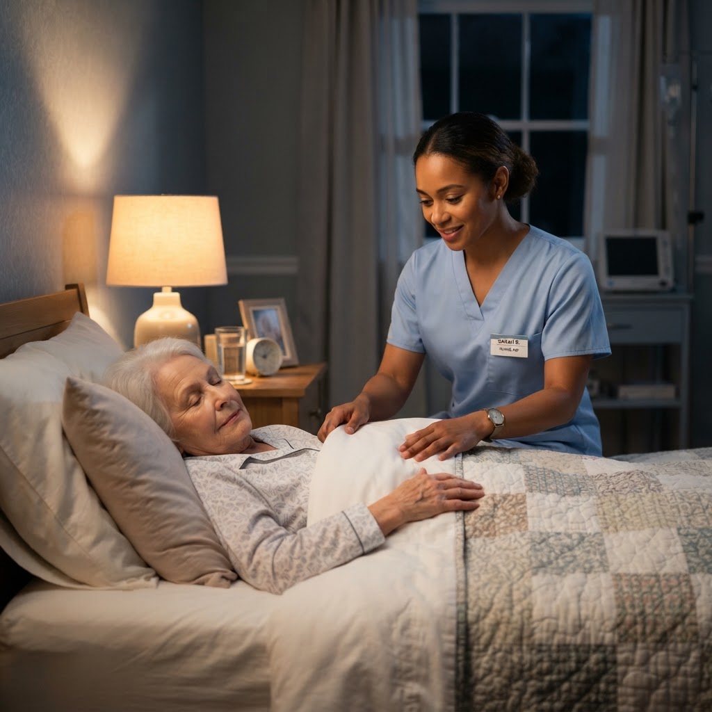 Caregiver tending to senior resting in bed