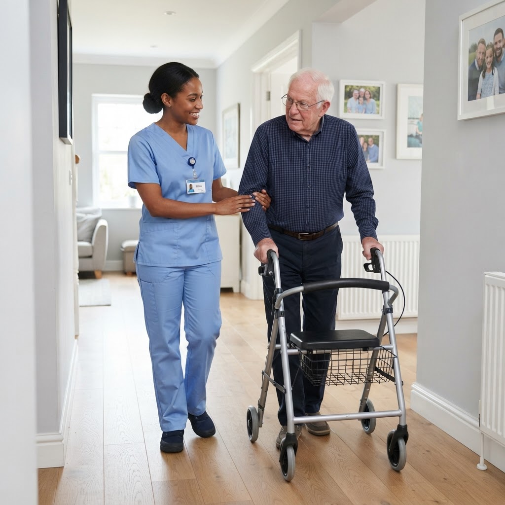 Caregiver assisting senior with walker for mobility