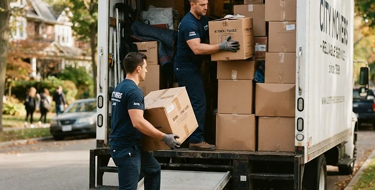 Movers loading boxes into the truck