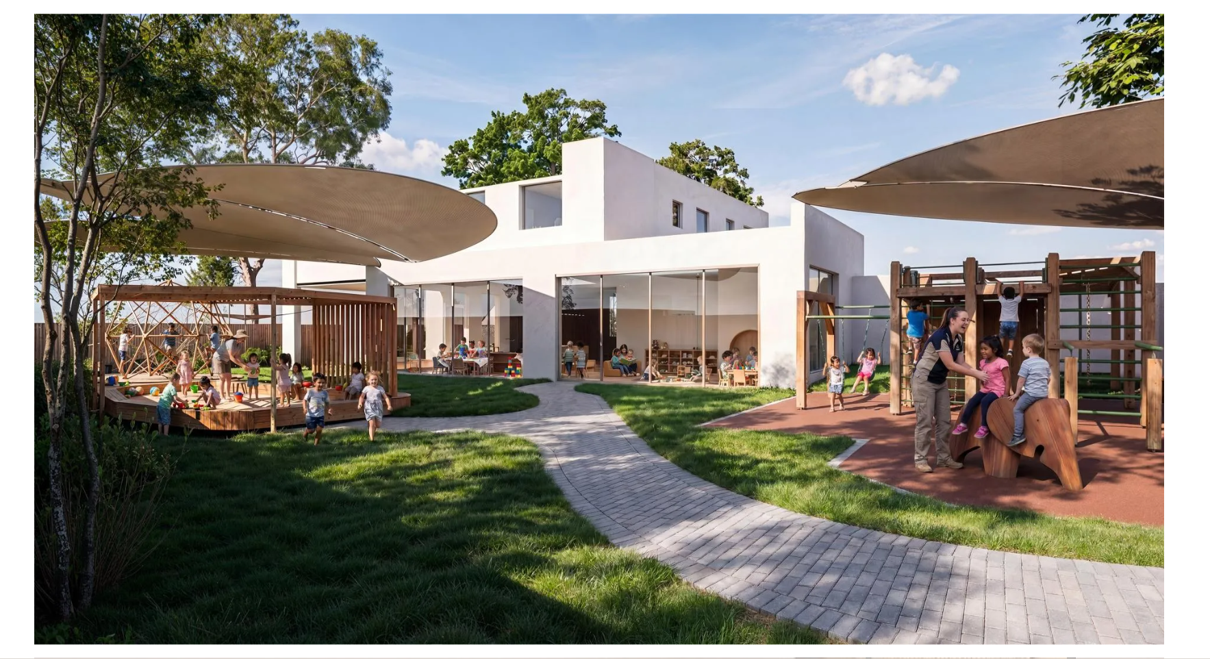 3D exterior render of the Seven Hills Early Learning Centre outdoor playground with shade sails and play equipment