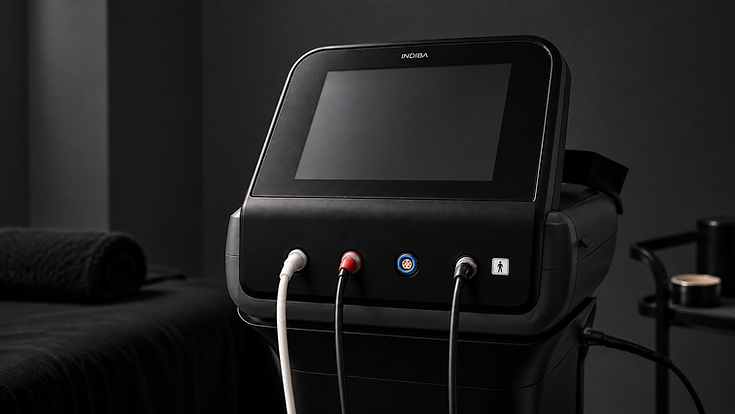 AI-generated close-up of the INDIBA Compact Plus screen and front connections