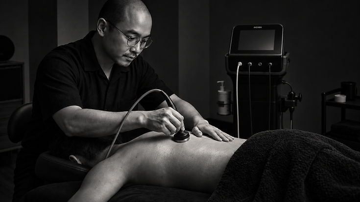 AI-generated black-and-white scene of Gary Ng combining INDIBA with hands-on contact in a setting based on his clinic