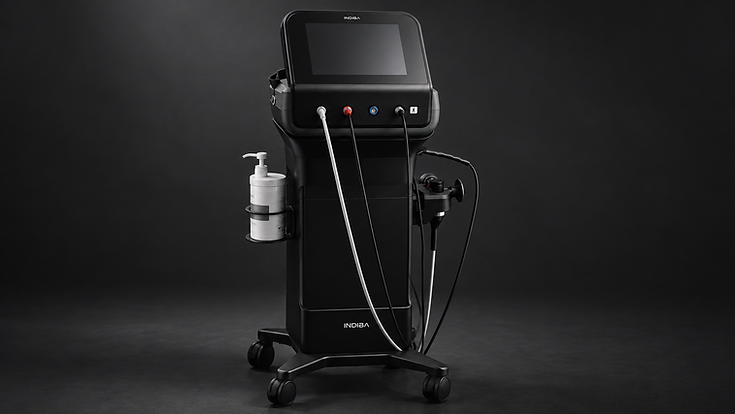 AI-generated product portrait of the INDIBA Compact Plus console and trolley