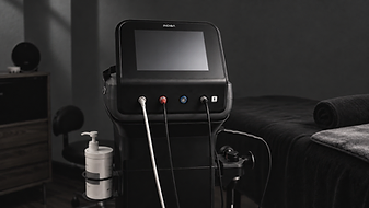 AI-generated brand image of the INDIBA Compact Plus console in a charcoal treatment setting