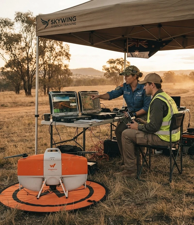 RPAS pilot training session in the field with instructor, student, and survey drone