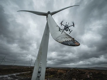 Inspection drone hovering near a wind turbine blade under overcast sky
