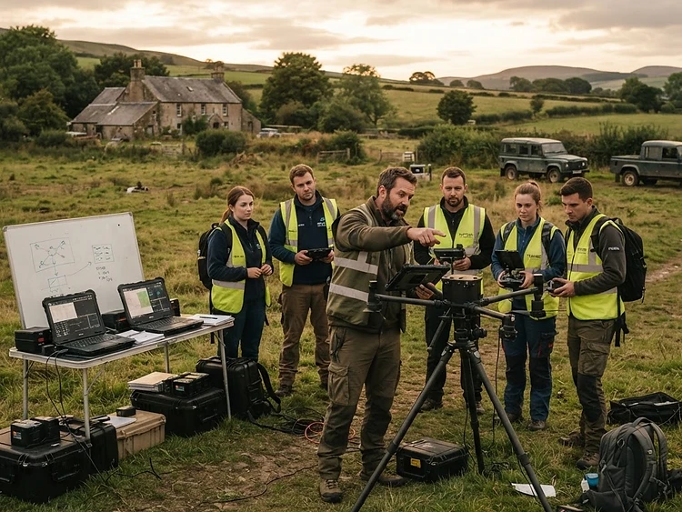 Drone operators training with an instructor in a rural open-air field classroom