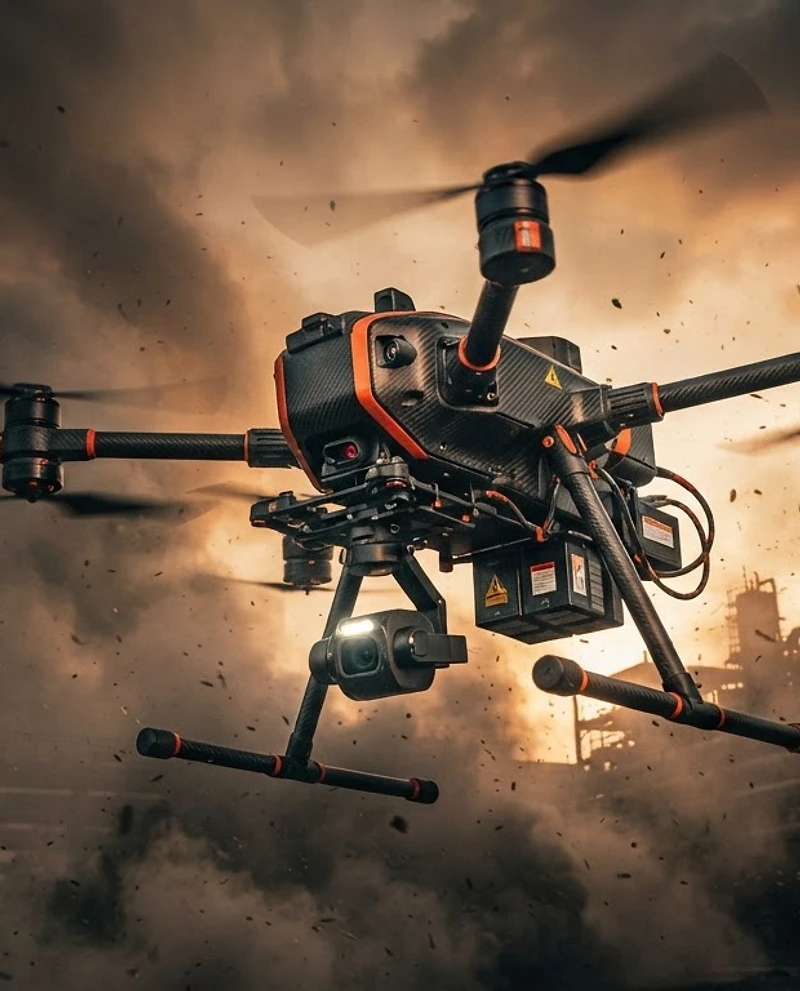 Heavy-lift inspection drone hovering in smoke and wind at golden hour