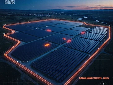 Aerial surveillance view of a vast solar farm at dusk with thermal perimeter scan