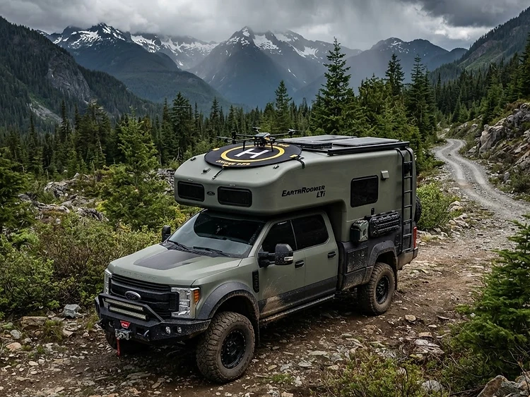 Earth Roamer expedition vehicle deployed for search and rescue operations in remote terrain