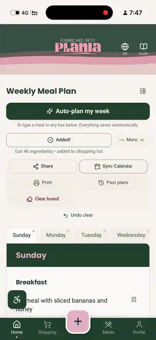 Plania app screen
