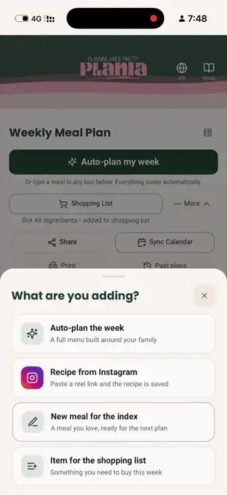 Plania app screen