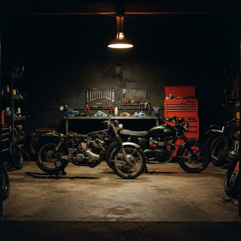 A workshop with several motorcycles on lifts and benches