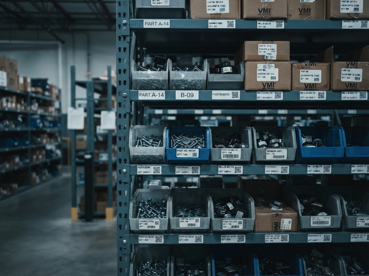 Industrial warehouse shelving with organized inventory