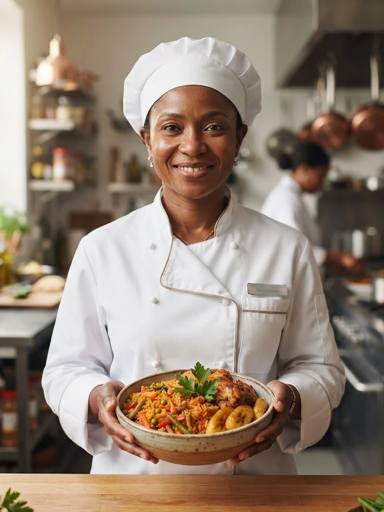 AI-generated portrait of an African chef holding a bowl of jollof rice