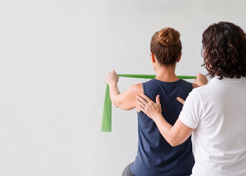 Physiotherapist guiding a patient through a resistance band exercise at Complete Recovery Physiotherapy