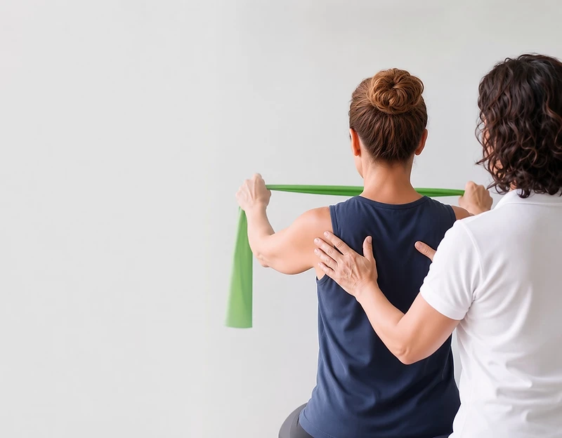 Physiotherapist guiding a patient through a resistance band exercise at Complete Recovery Physiotherapy