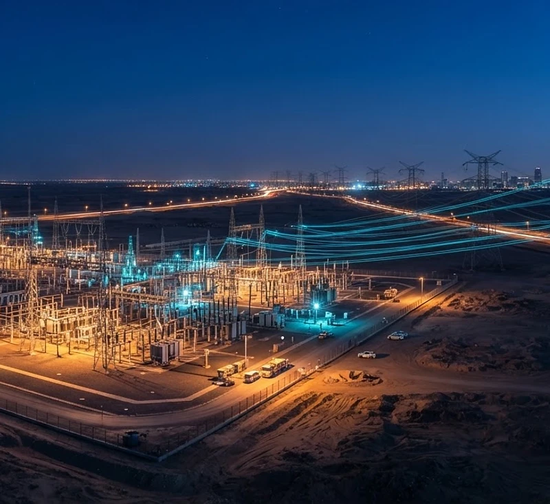 Saudi high-voltage grid at twilight