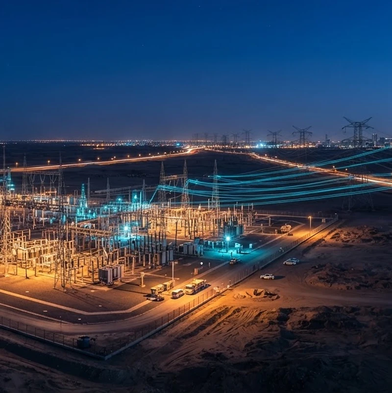 Saudi high-voltage grid at twilight