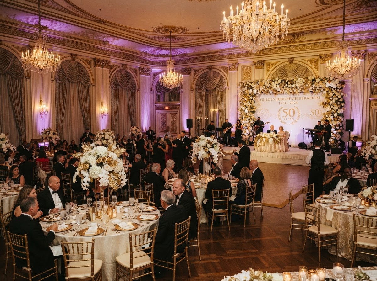 Grand luxury ballroom decorated for a golden jubilee anniversary celebration in Abu Dhabi