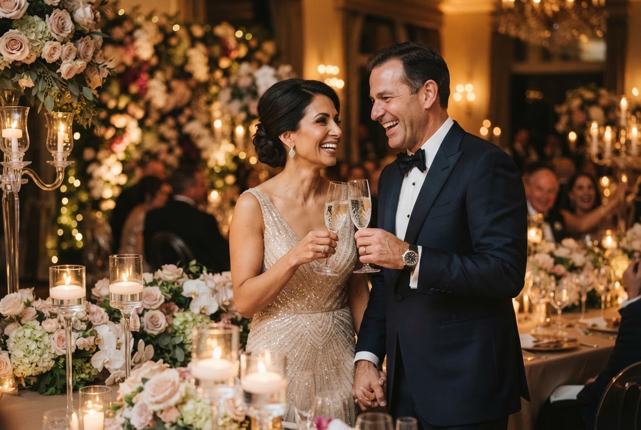 A happy couple celebrating their wedding anniversary with champagne at a luxury venue in Abu Dhabi