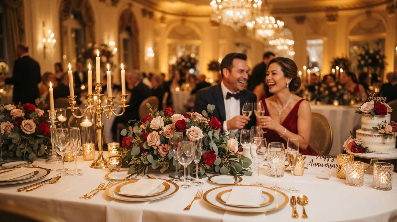 Luxury anniversary celebration in Abu Dhabi with elegant table setup, candles and floral décor at HALAA Nexus Events
