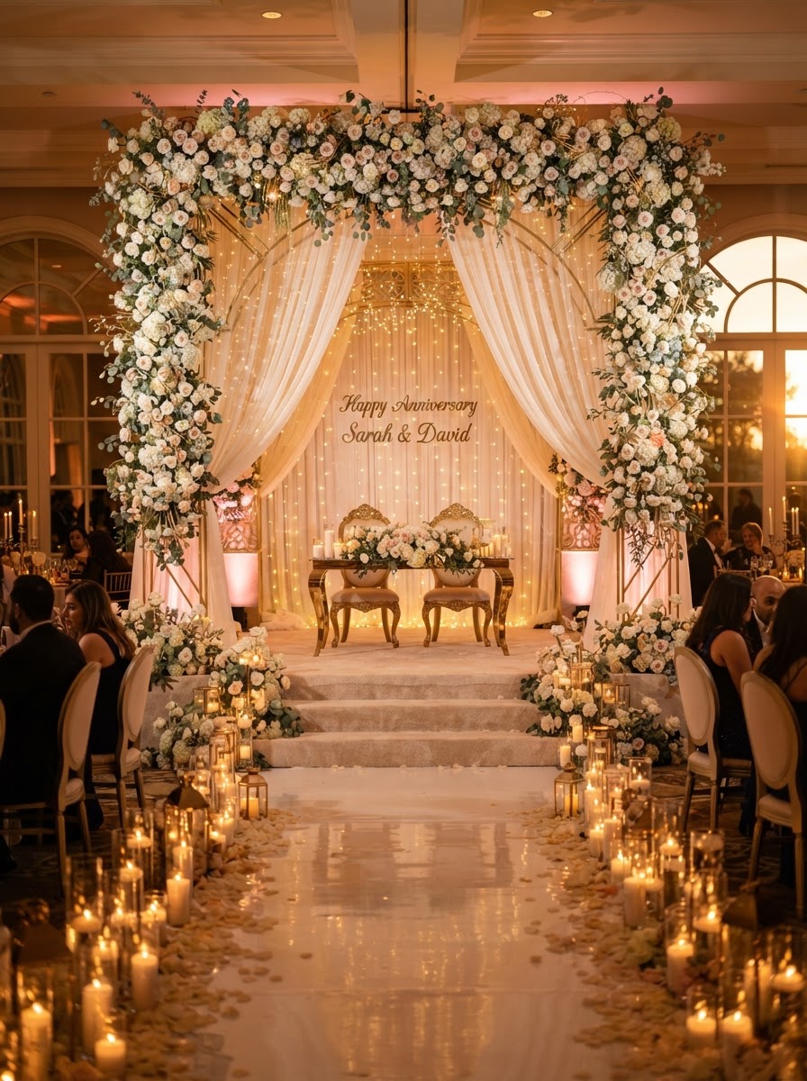 Beautiful floral arch stage decoration for an anniversary celebration