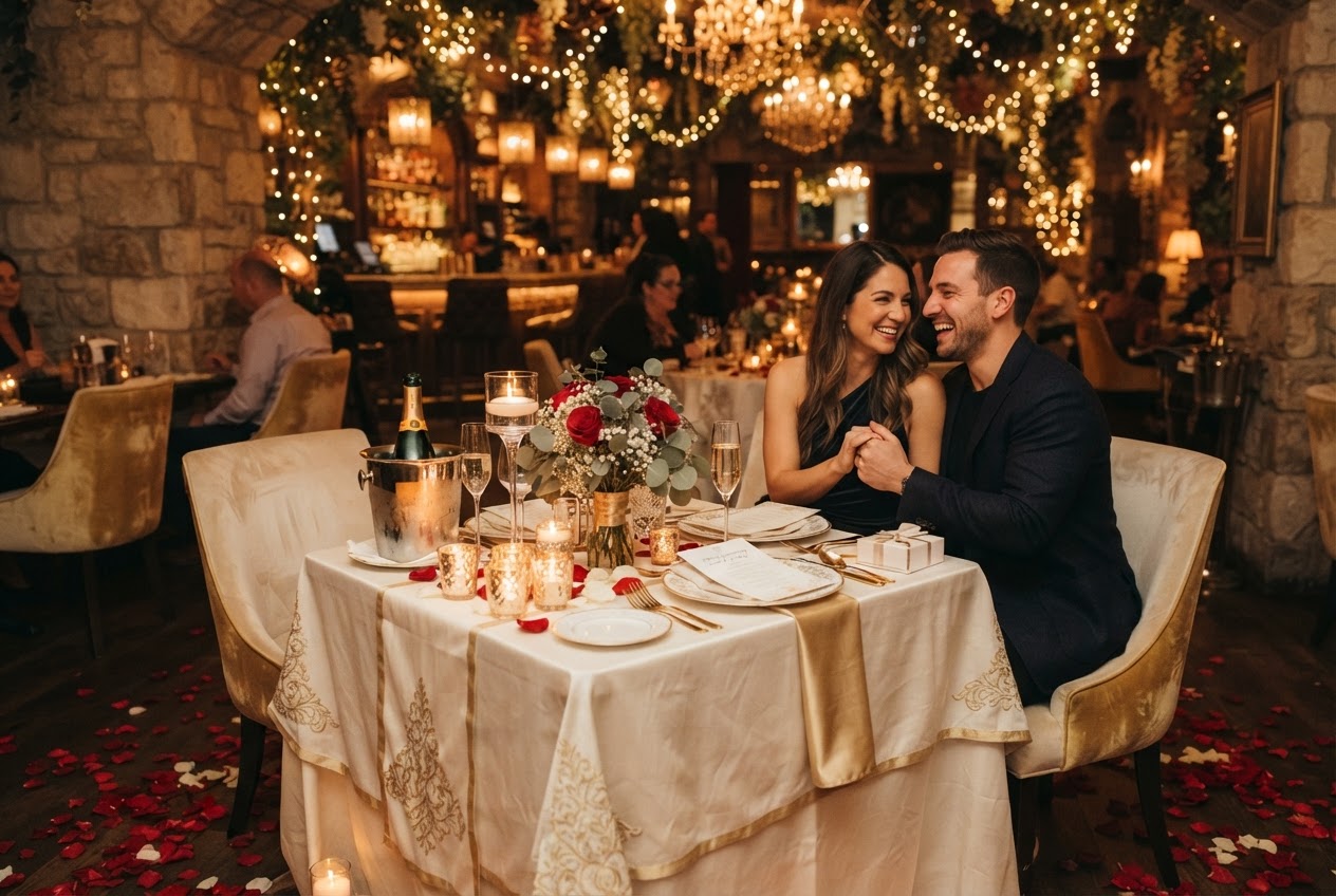 Romantic anniversary dinner setup with candles and rose petals at a luxury Abu Dhabi venue