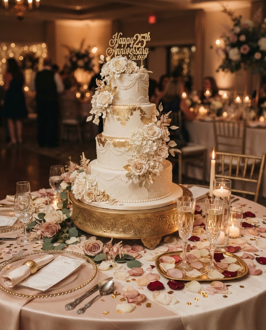 Multi-tier anniversary cake in ivory and gold with champagne setup