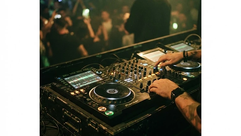 עמדת דיג'יי עם זוג נגני Pioneer CDJ-3000 ומיקסר על קייס שחור, יד על הג'וג בתאורת מועדון ירוקה
