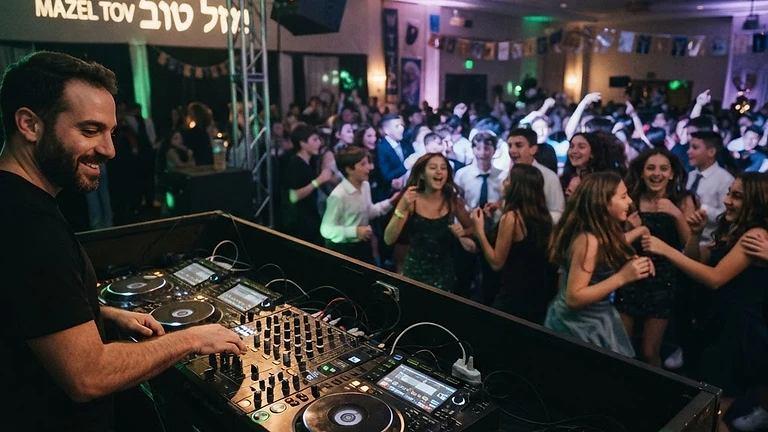 מסיבת בר מצווה באולם אירועים עם עמדת דיג'יי ונגני Pioneer CDJ בקדמת התמונה ובני נוער רוקדים