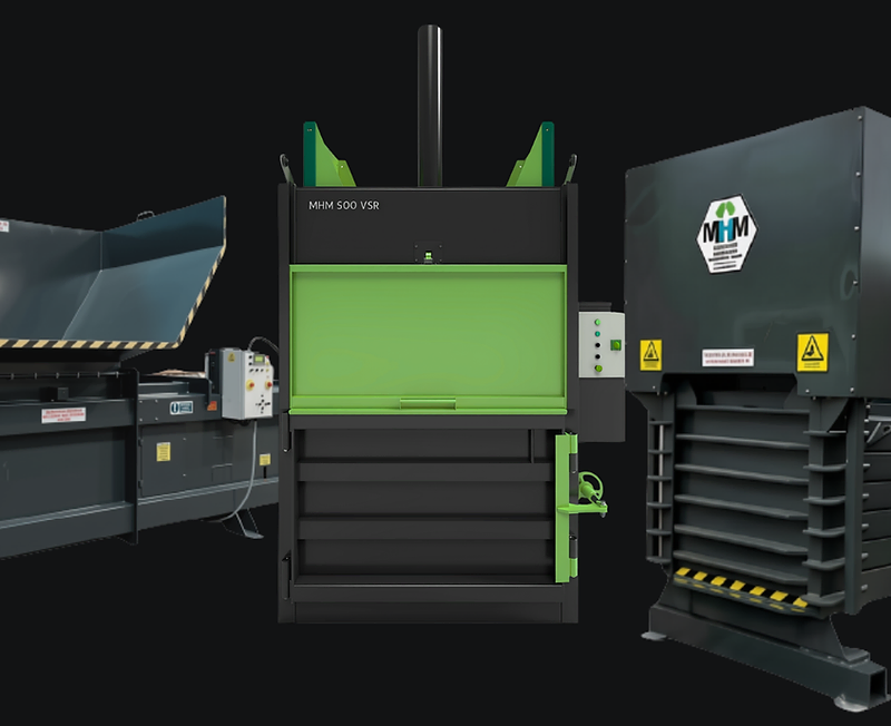 MHM semi-automatic baler and vertical baler showcase — industrial recycling machinery on black background