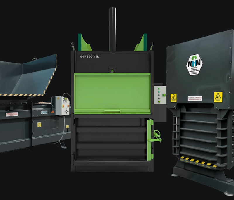 MHM semi-automatic baler and vertical baler showcase — industrial recycling machinery on black background