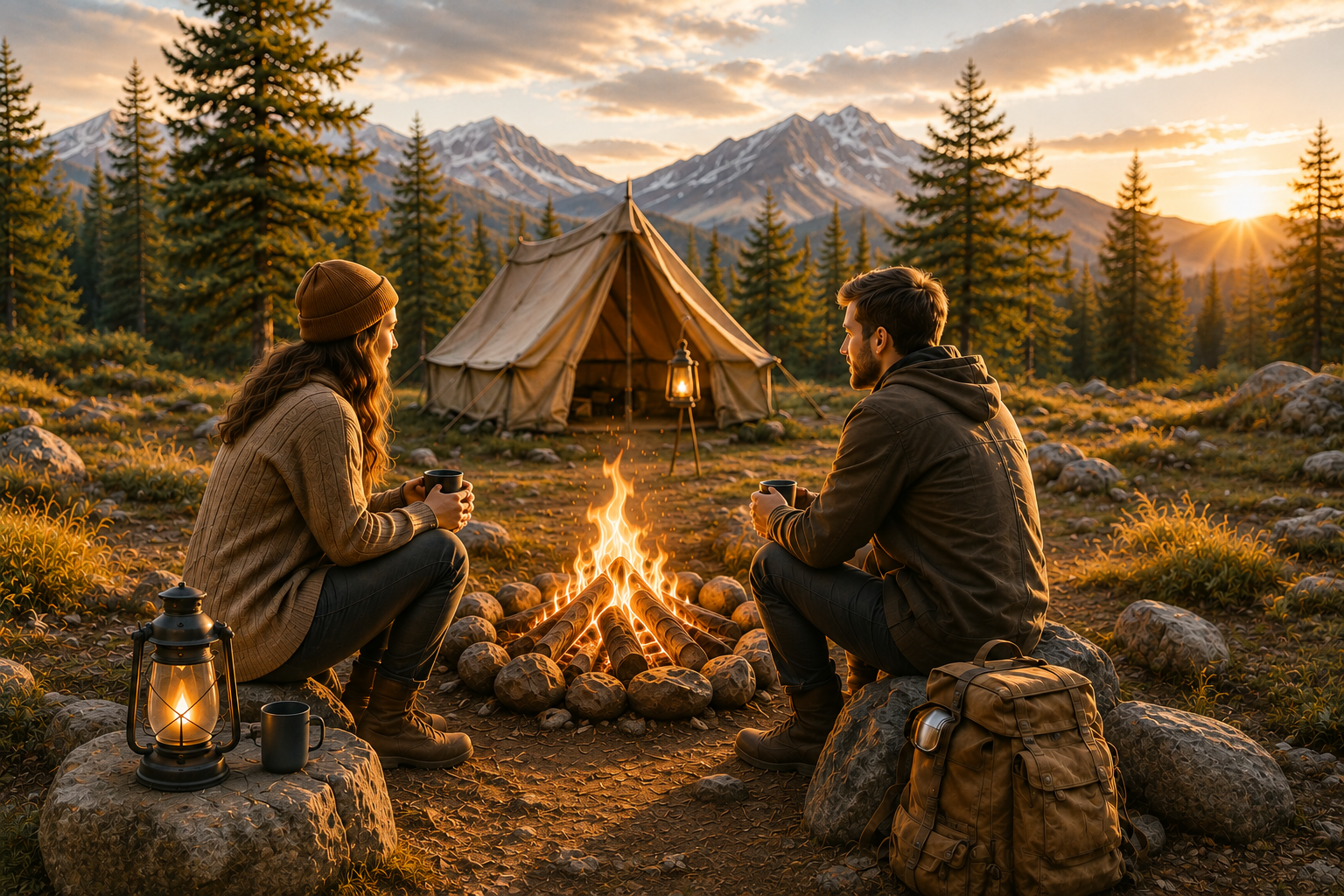 A couple seated across from one another around a warm campfire at golden hour in a wilderness clearing, sharing a lantern-lit conversation beneath a canvas journey tent, with evergreen forests and snow-capped mountains in the distance.
