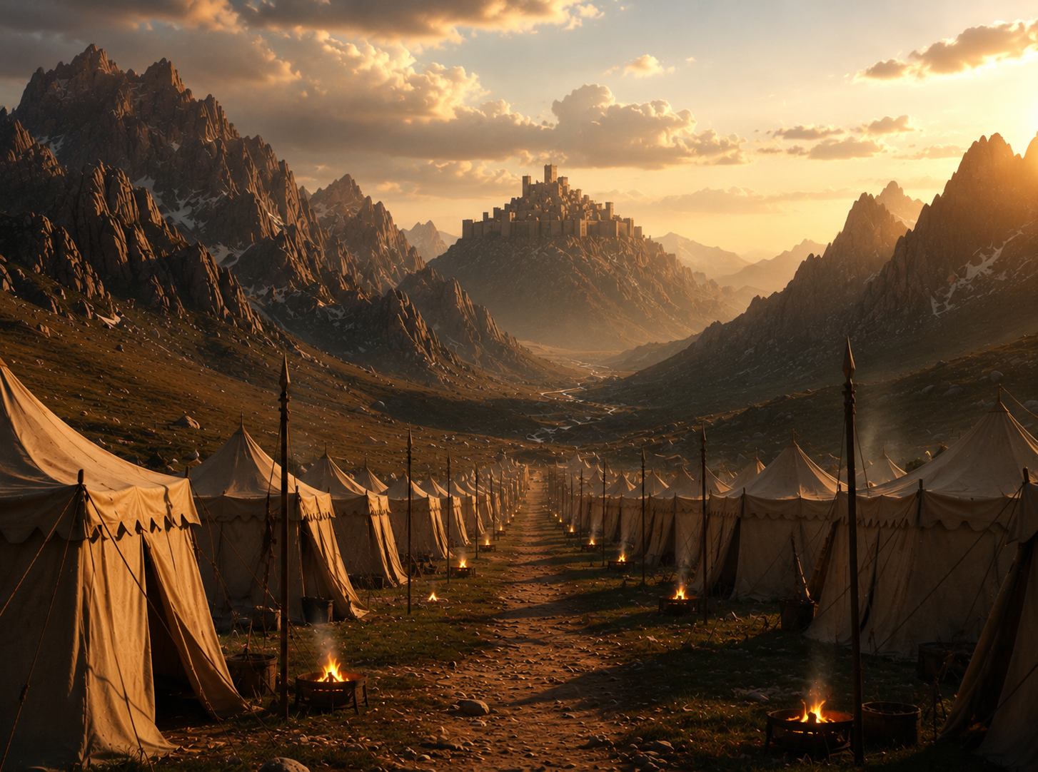 Kingdom valley at golden hour — distant castle on a central ridgeline, mountain walls framing both sides, cream encampment tents in the foreground, warm sunlight from the upper-right