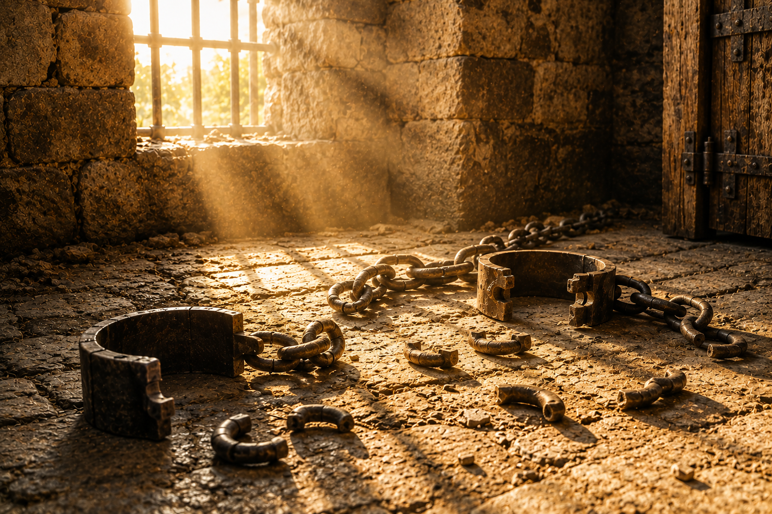 An abandoned stone prison cell interior — broken iron shackles and heavy chains lying on a textured stone floor, illuminated by warm golden sunlight streaming through a barred window, casting light rays across the broken chains as an image of release and deliverance.