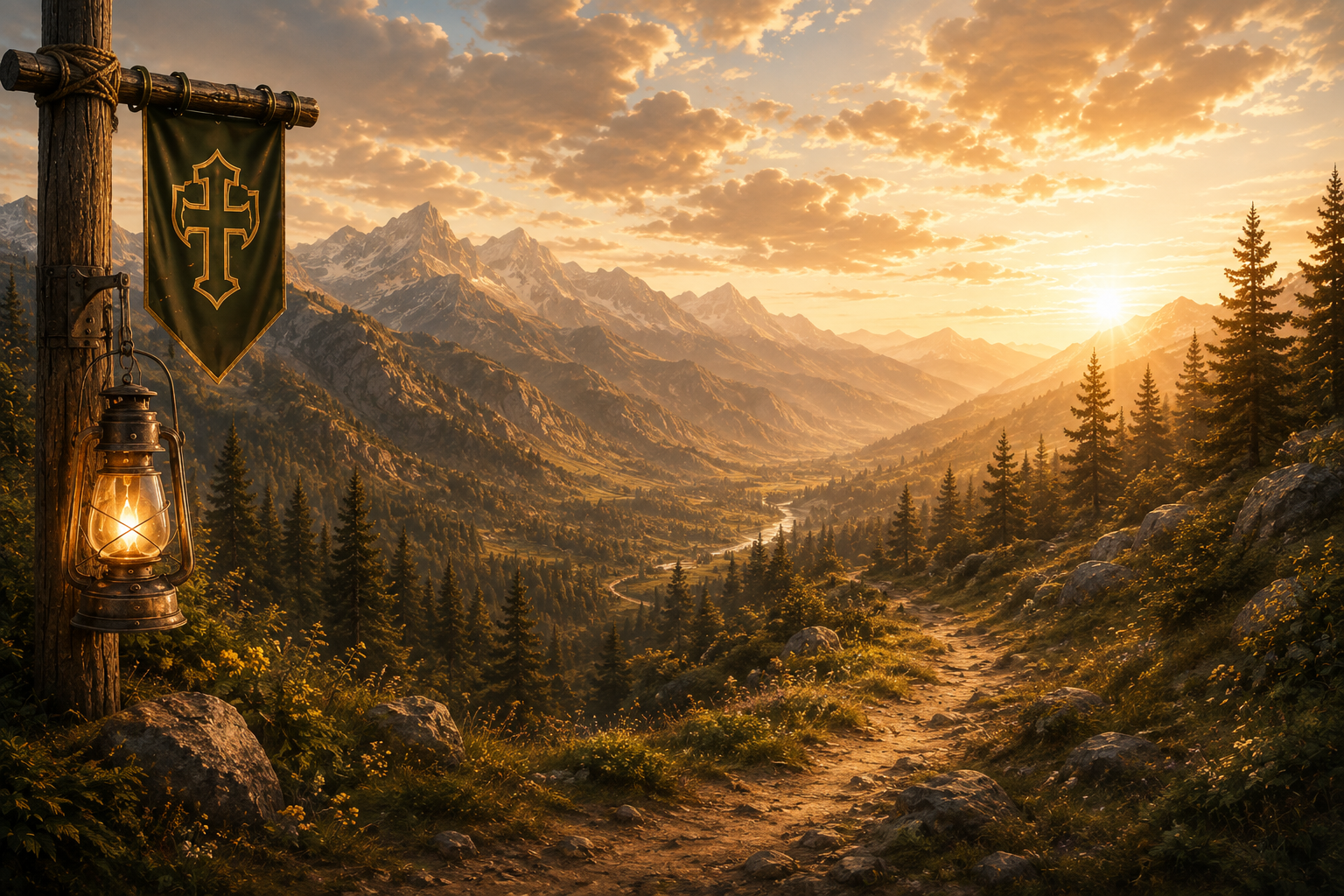 A golden-hour mountain valley with a rustic Kingdom banner and glowing lantern on the left, a trail winding toward sunlit peaks