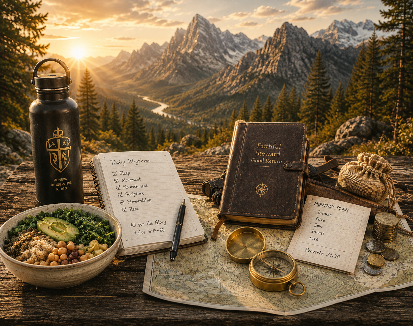 Health and financial stewardship represented by nourishing food, daily rhythms, budgeting, planning, and faithful stewardship in a cinematic mountain setting.
