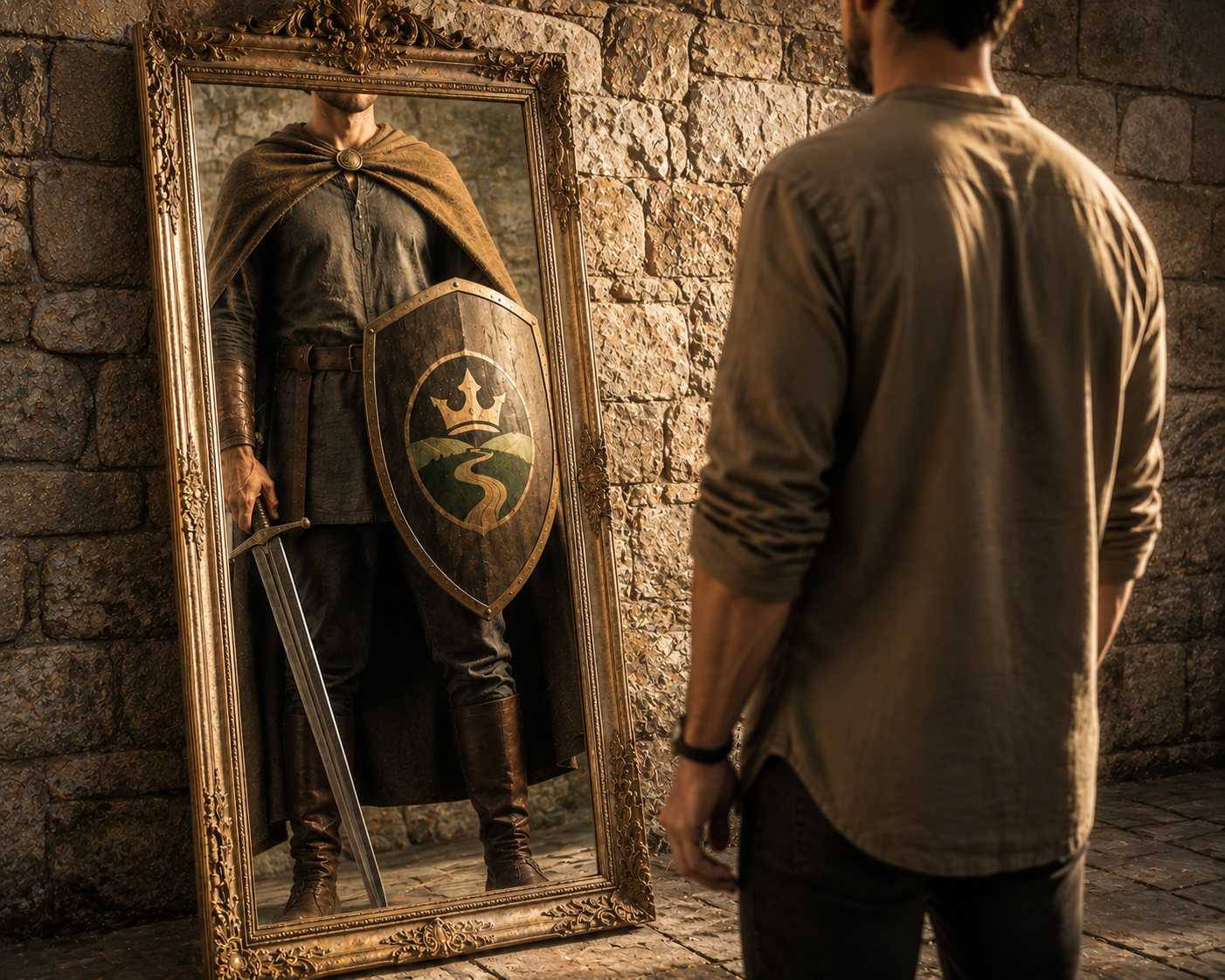 A contemporary man viewed from behind, looking into an ornate gold-framed mirror against a weathered stone wall — seeing his reflection as a Kingdom warrior holding a sword and a shield bearing the Kingdom Rewire crown-and-winding-path crest.