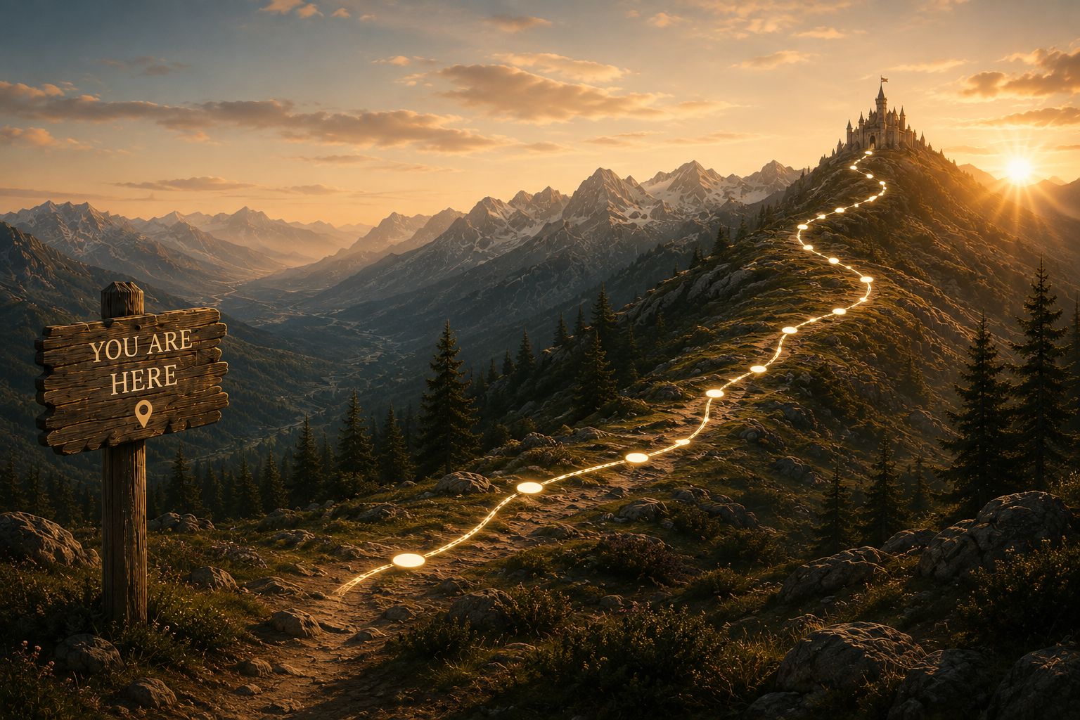 A cinematic golden-hour mountain trail at sunset with glowing waypoints, a 'YOU ARE HERE' trail sign on the left, and a distant castle awaiting travelers on the right