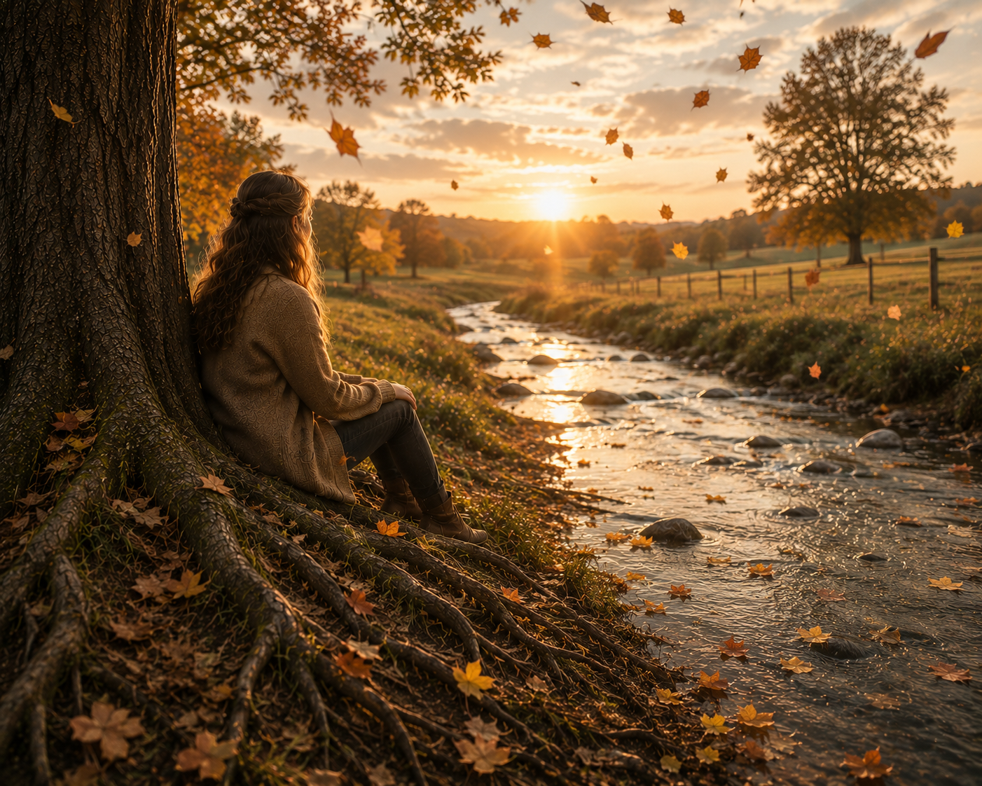 A woman resting quietly against the deep exposed roots of a mature tree at golden hour, beside a gently flowing stream with floating autumn leaves — an image of grounding, release, and regulated peace.